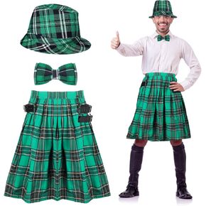 Jeyiour 3 Pieces Irish Plaid Green Kilt St. Patrick's Day Green Plaid Hat and Bow Tie Set Green Pleated Costume Tartan Skirt Kilts Green Irish Cap for Men Women in Kuwait