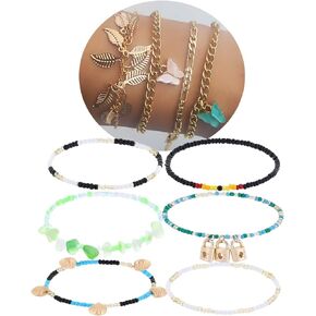 Cooluckday Beach Anklet Bracelet for Women Seed Beaded Anklet Adjustable Gold Charm Chain Anklet Butterfly Star Anklet Foot Jewelry for Summer (10/12 Pcs)