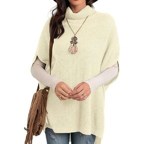 GRECERELLE Women Turtleneck Oversized Knit Batwing Sleeveless Loose High Low Hem Side Slit Pullover Sweater
