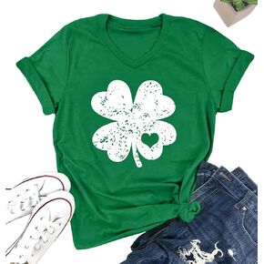 LOTUCY St. Patrick Day Green Shamrock Tee Shirt Women Clover Vintage Tee Top Four Leaf Retro V Neck T Shirts