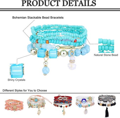 IRONBOX 6 مجموعات البوهيمي تكويم الخرزة الأساور للنساء متعدد الألوان تمتد حبة الأساور متعدد الطبقات بوهو سوار مجموعة in Kuwait