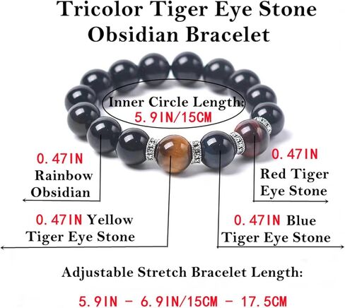 Black Obsidian Tiger Eye Triple Protection Bracelet - Protection - Bring Luck and Prosperity - Relieves Anxiety- Black Obsidian - Red Tiger Eye - Yellow Tiger Eye - Blue Tiger Eye - Crystal Stone Bead Stretch Bracelet Bangle for Women Men Couples in Saudi Arabia