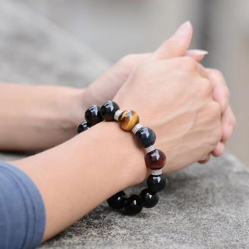 Black Obsidian Tiger Eye Triple Protection Bracelet - Protection - Bring Luck and Prosperity - Relieves Anxiety- Black Obsidian - Red Tiger Eye - Yellow Tiger Eye - Blue Tiger Eye - Crystal Stone Bead Stretch Bracelet Bangle for Women Men Couples in Saudi Arabia