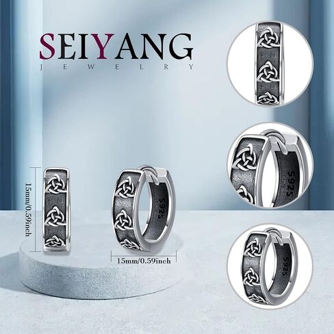 Seiyang Huggie هوب أقراط للرجال 925 الفضة الاسترليني نحت الأقراط الفايكنج الأسود هوب القرط مجوهرات الصليب روز رون هدية (مع صندوق هدية) in Kuwait