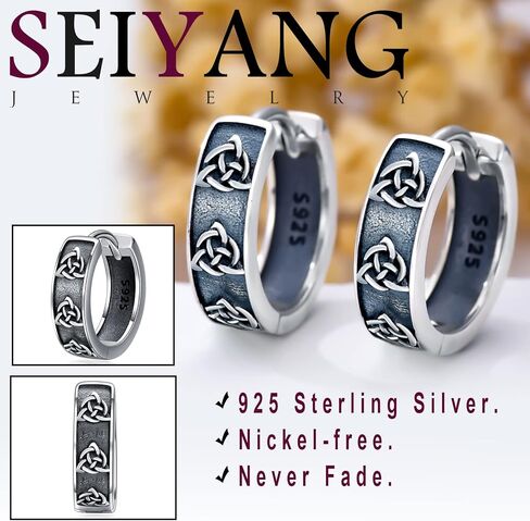 Seiyang Huggie هوب أقراط للرجال 925 الفضة الاسترليني نحت الأقراط الفايكنج الأسود هوب القرط مجوهرات الصليب روز رون هدية (مع صندوق هدية) in Kuwait