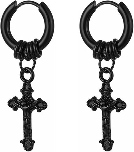 MALOYANVE Titanium Steel Cross Hoop Earrings Punk Cool Minimalist Cross Dangling Hanging Dangle Drop Huggie Hinged Hoop Cross Earrings for Men Women Gothic Jewelry in Saudi Arabia