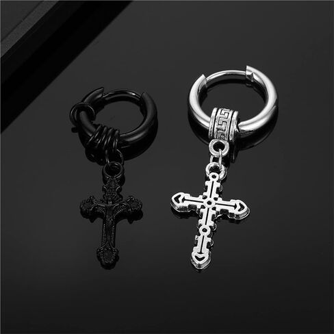 MALOYANVE Titanium Steel Cross Hoop Earrings Punk Cool Minimalist Cross Dangling Hanging Dangle Drop Huggie Hinged Hoop Cross Earrings for Men Women Gothic Jewelry in Saudi Arabia