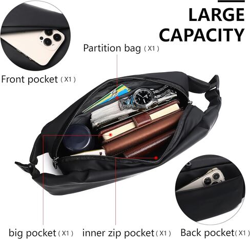 Fanny Packs Mini Sling Slim Shoulder Bag for Men and Women, Lightweight, Water Resistant, Multiple Organisation Compartments (Black-1) in Kuwait