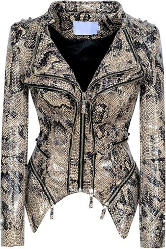 chouyatou Women's Fashion Snake Pattern Print Studded Moto Pu Leather Biker Jacket in Saudi Arabia
