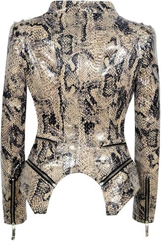 chouyatou Women's Fashion Snake Pattern Print Studded Moto Pu Leather Biker Jacket in Saudi Arabia