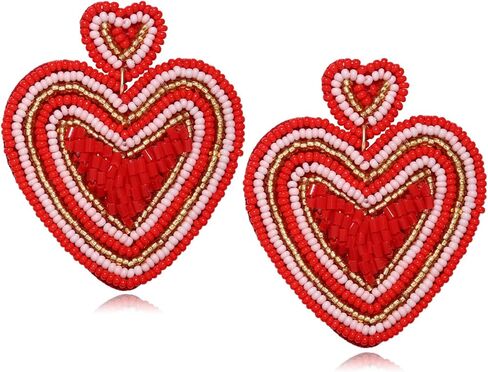 Heart Earrings for Women Hypoallergenic Beaded Statement Dangle Earrings Boho Handmade Red Love Heart Bead Drop Dangling Earrings Valentine’s Day Earrings Jewelry Gift in Kuwait