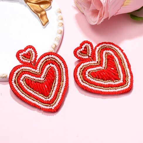 Heart Earrings for Women Hypoallergenic Beaded Statement Dangle Earrings Boho Handmade Red Love Heart Bead Drop Dangling Earrings Valentine’s Day Earrings Jewelry Gift in Kuwait