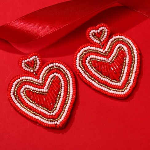 Heart Earrings for Women Hypoallergenic Beaded Statement Dangle Earrings Boho Handmade Red Love Heart Bead Drop Dangling Earrings Valentine’s Day Earrings Jewelry Gift in Kuwait