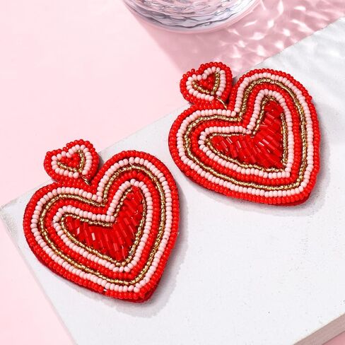 Heart Earrings for Women Hypoallergenic Beaded Statement Dangle Earrings Boho Handmade Red Love Heart Bead Drop Dangling Earrings Valentine’s Day Earrings Jewelry Gift in Kuwait