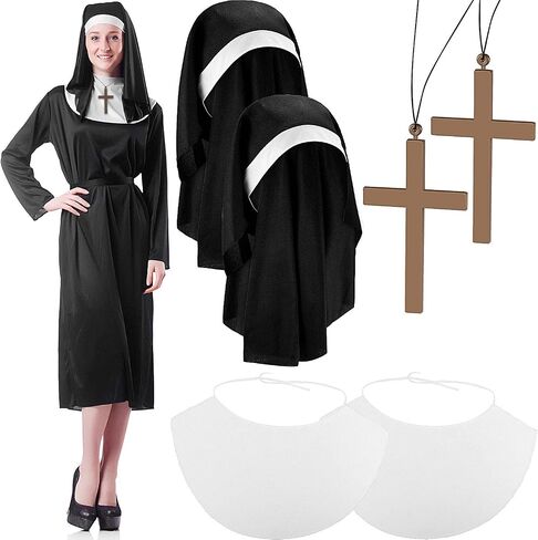 6 Pieces Nun Costume Set, Nun Hat, Plastic Gold Cross Necklace, White Nun Collar, Halloween Nun Accessory Kit for Halloween Party Favors in Saudi Arabia