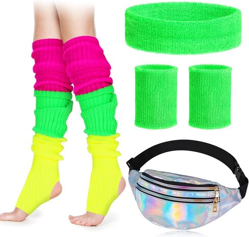 جيويو جوليري مجموعة اكسسوارات تنكرية مكونة من 6 قطع للنساء بنمط الثمانينيات والتسعينيات من النيون المضلعة لتدفئة الساق واساور معصم وشريط راس هولوغرافي لليوغا والجري والمشي لمسافات طويلة وحفلات ديسكو in Kuwait