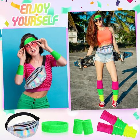 جيويو جوليري مجموعة اكسسوارات تنكرية مكونة من 6 قطع للنساء بنمط الثمانينيات والتسعينيات من النيون المضلعة لتدفئة الساق واساور معصم وشريط راس هولوغرافي لليوغا والجري والمشي لمسافات طويلة وحفلات ديسكو in Kuwait