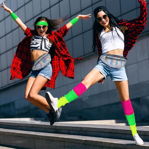 جيويو جوليري مجموعة اكسسوارات تنكرية مكونة من 6 قطع للنساء بنمط الثمانينيات والتسعينيات من النيون المضلعة لتدفئة الساق واساور معصم وشريط راس هولوغرافي لليوغا والجري والمشي لمسافات طويلة وحفلات ديسكو in Kuwait