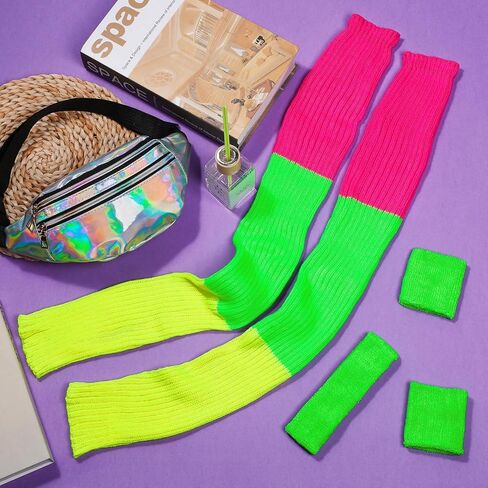 جيويو جوليري مجموعة اكسسوارات تنكرية مكونة من 6 قطع للنساء بنمط الثمانينيات والتسعينيات من النيون المضلعة لتدفئة الساق واساور معصم وشريط راس هولوغرافي لليوغا والجري والمشي لمسافات طويلة وحفلات ديسكو in Kuwait