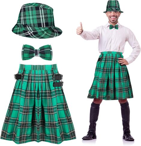 Jeyiour 3 Pieces Irish Plaid Green Kilt St. Patrick's Day Green Plaid Hat and Bow Tie Set Green Pleated Costume Tartan Skirt Kilts Green Irish Cap for Men Women in Kuwait