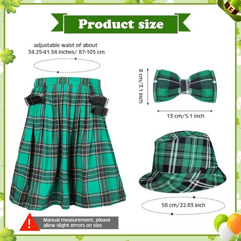Jeyiour 3 Pieces Irish Plaid Green Kilt St. Patrick's Day Green Plaid Hat and Bow Tie Set Green Pleated Costume Tartan Skirt Kilts Green Irish Cap for Men Women in Kuwait