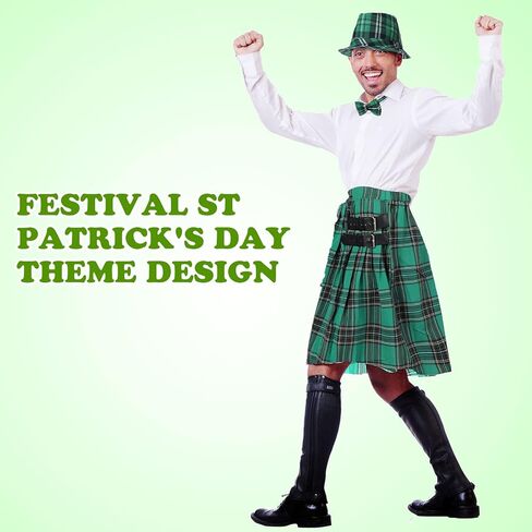 Jeyiour 3 Pieces Irish Plaid Green Kilt St. Patrick's Day Green Plaid Hat and Bow Tie Set Green Pleated Costume Tartan Skirt Kilts Green Irish Cap for Men Women in Kuwait