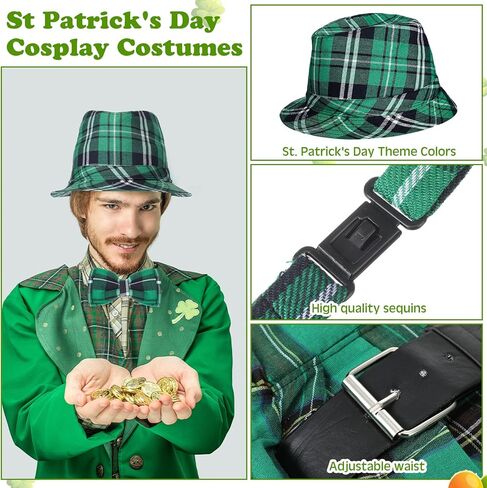 Jeyiour 3 Pieces Irish Plaid Green Kilt St. Patrick's Day Green Plaid Hat and Bow Tie Set Green Pleated Costume Tartan Skirt Kilts Green Irish Cap for Men Women in Kuwait