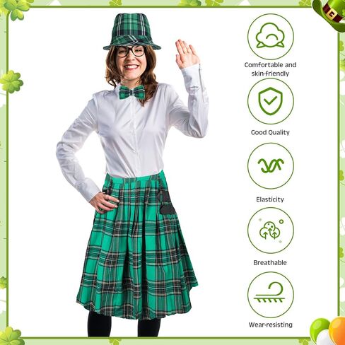 Jeyiour 3 Pieces Irish Plaid Green Kilt St. Patrick's Day Green Plaid Hat and Bow Tie Set Green Pleated Costume Tartan Skirt Kilts Green Irish Cap for Men Women in Kuwait