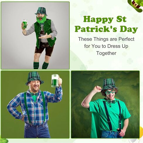 Jeyiour 3 Pieces Irish Plaid Green Kilt St. Patrick's Day Green Plaid Hat and Bow Tie Set Green Pleated Costume Tartan Skirt Kilts Green Irish Cap for Men Women in Kuwait
