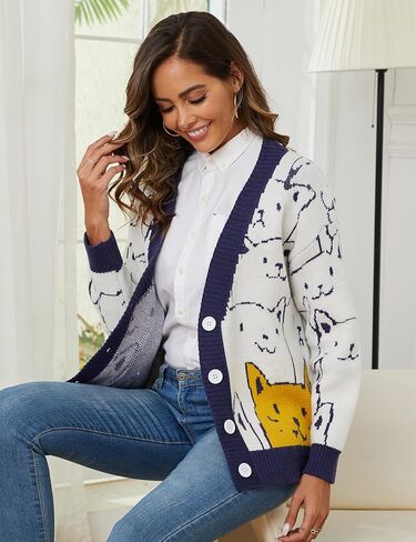 سترة صوفية نسائية من Yimoon بتصميم Kawaii Cat كبيرة الحجم بياقة على شكل حرف V وأزرار سفلية محبوكة فضفاضة in Kuwait