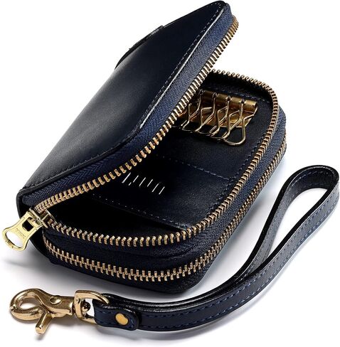 IJUN Full Grain Leather Key Card Case with Wrist Strap Genuine Leather Italian Hand Burnished Vegetable Tanned Leather (Blue) in Saudi Arabia