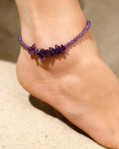 Jewever Natural Amethyst Anklet Bracelets for Women Tumbled Chips Crystals Anklet Adjustable Handmade Reiki Gemstones Beach Foot Jewelry in Saudi Arabia