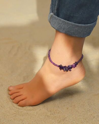 Jewever Natural Amethyst Anklet Bracelets for Women Tumbled Chips Crystals Anklet Adjustable Handmade Reiki Gemstones Beach Foot Jewelry in Saudi Arabia