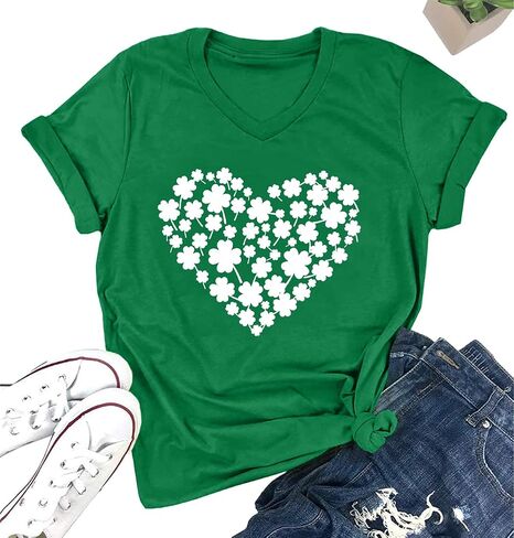 LOTUCY St. Patrick Day Green Shamrock Tee Shirt Women Clover Vintage Tee Top Four Leaf Retro V Neck T Shirts in Saudi Arabia