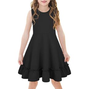 WUIRMELY Girls Summer Dress Cute Sleeveless Soild Color Ruffle Hemline Swing A-line Sundress