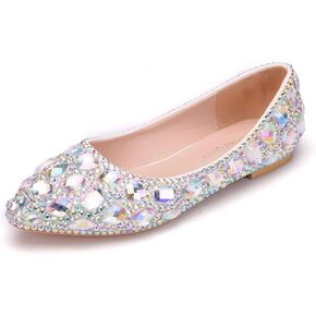أحذية نسائية مسطحة مصنوعة يدويًا بالكامل من حجر الراين والكريستال بمقدمة مدببة للنساء مقاس كبير أحذية حفلات الزفاف أحذية باليه مسطحة in Kuwait