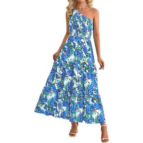 فساتين XIONGMEI الصيفية للسيدات 2024 فستان مثير بكتف واحد بدون أكمام مطبوع عليه زهور بوهو فلوي سوينغ للشاطئ فستان طويل in Kuwait