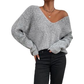 WDIRARA Women's V Neck Sweater Long Sleeve Drop Shoulder Ribbed Knit Oversized Pullovers Tops