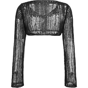 Verdusa Women's Hollow Out Sheer Long Sleeve Sweater Knit Crop Pullover Top