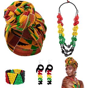 Juneteenth African Jewelry for Women, Juneteenth Bracelets Necklace Bandana Earrings Party Favors, Bead Bracelet Head Wrap Scarf Earrings Necklace, Freedom African Accessories Parade Party Supplies in Kuwait