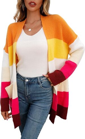 سترة حريمي كاجوال من HZSONNE ذات ألوان مخططة مفتوحة من الأمام وخفيفة الوزن من الكروشيه وجيب جانبي سترة متماسكة in Kuwait