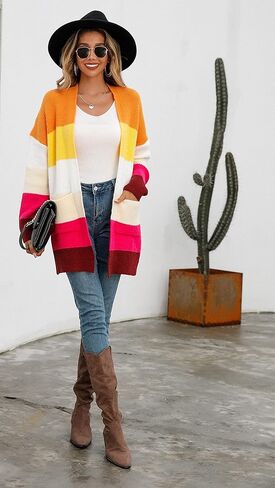 سترة حريمي كاجوال من HZSONNE ذات ألوان مخططة مفتوحة من الأمام وخفيفة الوزن من الكروشيه وجيب جانبي سترة متماسكة in Kuwait