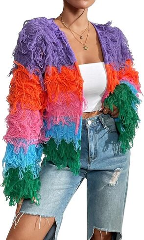 SHENHE Women's Fuzzy Open Front Long Sleeve Shaggy Cardigan Knit Outerwear in Saudi Arabia
