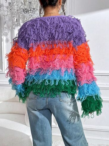 SHENHE Women's Fuzzy Open Front Long Sleeve Shaggy Cardigan Knit Outerwear in Saudi Arabia