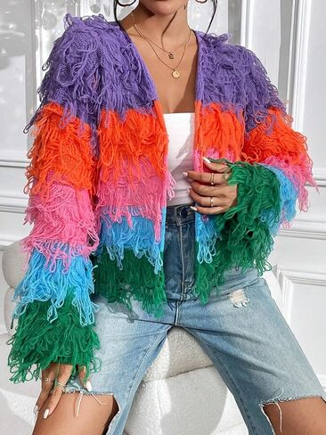 SHENHE Women's Fuzzy Open Front Long Sleeve Shaggy Cardigan Knit Outerwear in Saudi Arabia