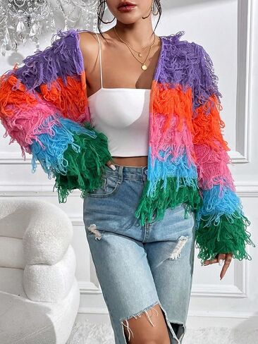 SHENHE Women's Fuzzy Open Front Long Sleeve Shaggy Cardigan Knit Outerwear in Saudi Arabia