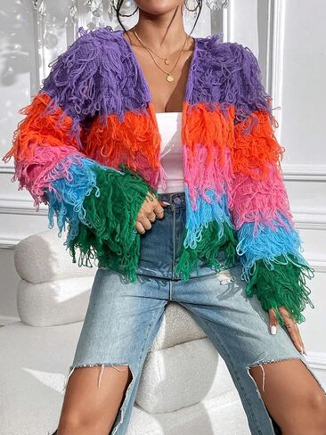 SHENHE Women's Fuzzy Open Front Long Sleeve Shaggy Cardigan Knit Outerwear in Saudi Arabia
