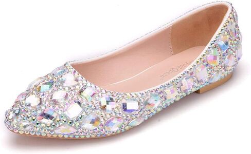 أحذية نسائية مسطحة مصنوعة يدويًا بالكامل من حجر الراين والكريستال بمقدمة مدببة للنساء مقاس كبير أحذية حفلات الزفاف أحذية باليه مسطحة in Kuwait
