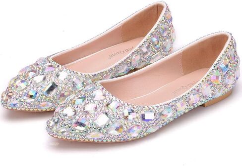 أحذية نسائية مسطحة مصنوعة يدويًا بالكامل من حجر الراين والكريستال بمقدمة مدببة للنساء مقاس كبير أحذية حفلات الزفاف أحذية باليه مسطحة in Kuwait