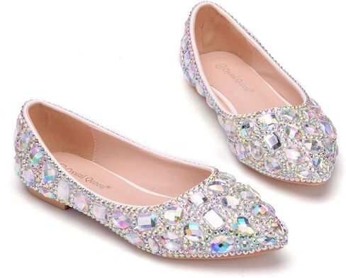 أحذية نسائية مسطحة مصنوعة يدويًا بالكامل من حجر الراين والكريستال بمقدمة مدببة للنساء مقاس كبير أحذية حفلات الزفاف أحذية باليه مسطحة in Kuwait